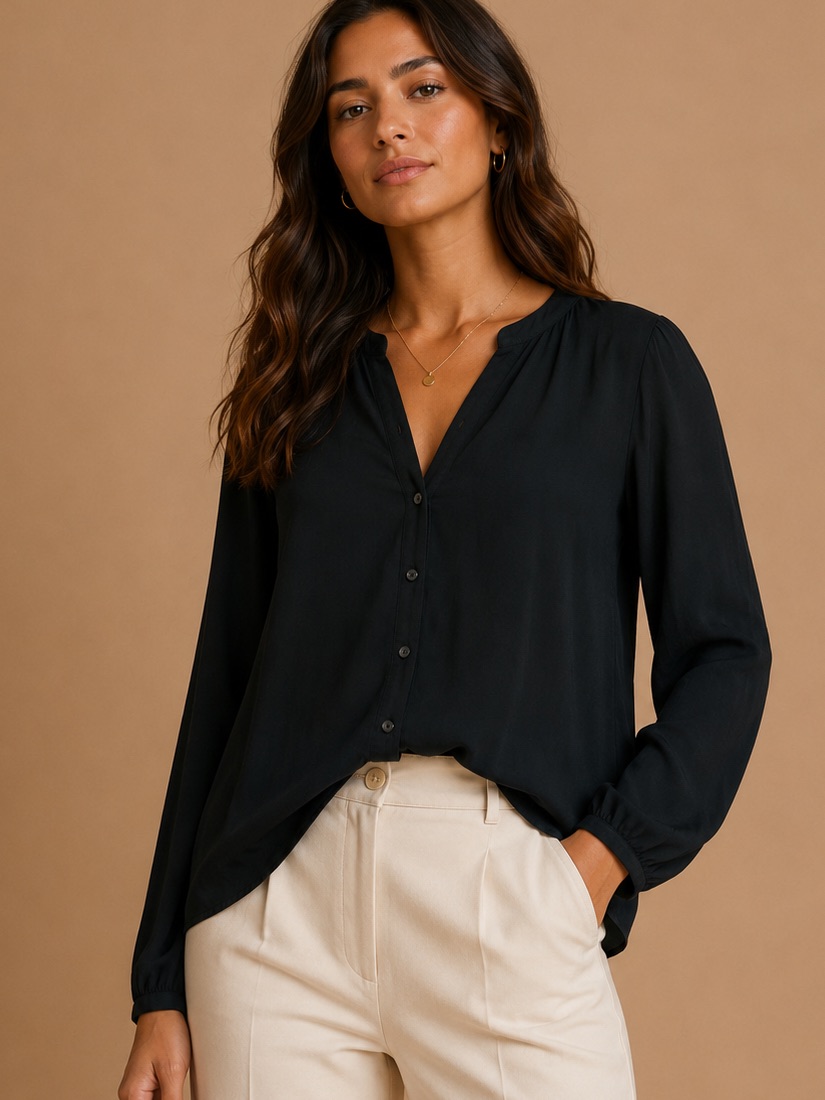 New Directions Petite Black Button Front Blouse Long Sleeve Office Top